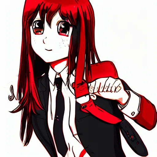 Prompt: a girl wearing a business and a red necktie, in the style of chainsaw man, black and white, anime art, hd, detailed drawing