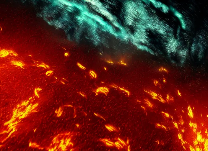 Prompt: 3d render of a volcanic eruption flowing and flying through interstellar deep space in the art style of Vincent van Gogh, very Vincent van gogh style, octane render