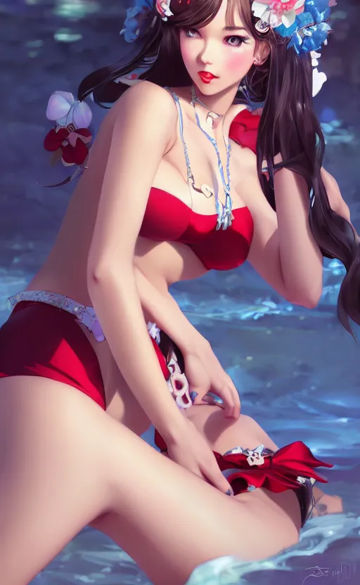 Prompt: a pin up and beautiful fashion charming dreamlkeanime cute girl in bikini with lv jewelry, character art, art by artgerm lau and kyoung hwan kim and and ilya kuvshinov and john singer sargent, hyperdetailed, 8 k realistic, symmetrical, frostbite 3 engine, cryengine, dof, trending on artstation, digital art