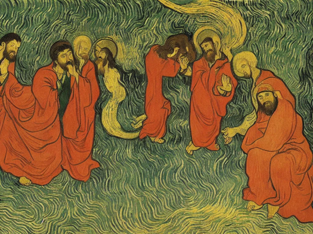 Prompt: Jesus meets Buddha under a giant leaf. Torrential rain. Painting by Vincent van Gogh, Andrei Rublev