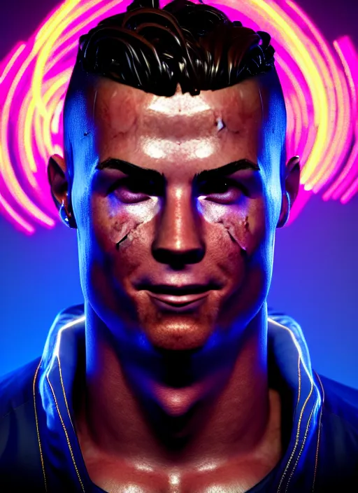 Image similar to glowwave portrait of cristiano ronaldo from borderlands 3, au naturel, hyper detailed, digital art, trending in artstation, cinematic lighting, studio quality, smooth render, unreal engine 5 rendered, octane rendered, art style by klimt and nixeu and ian sprigger and wlop and krenz cushart.