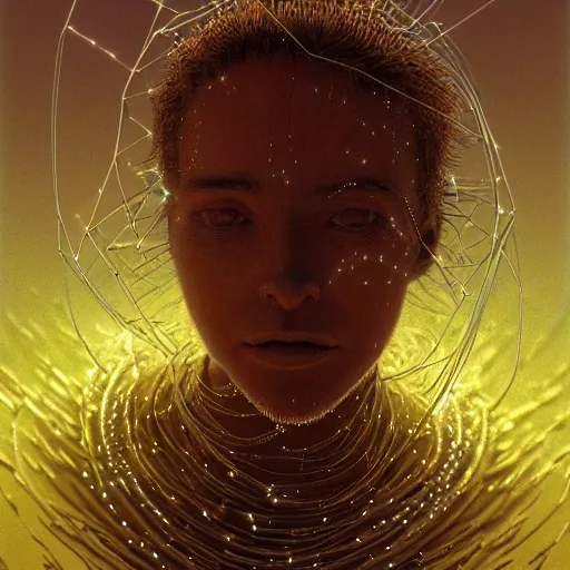 Prompt: Woman, spiky tesseract-shaped ice crystals on skin, 150mm, shiny, flat background, glowing, wires everywhere, by Edgar Maxence and Ross Tran, Zdzisław Beksiński, and Michael Whelan, distant, gustav dore, H.R. Giger, 8k, octane render