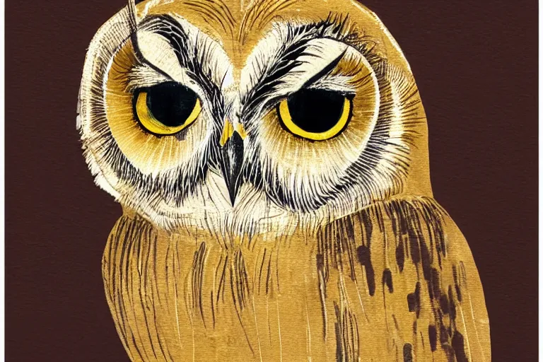 Image similar to beautiful serene owl, healing through motion, minimalistic golden ink aribrush painting on white background