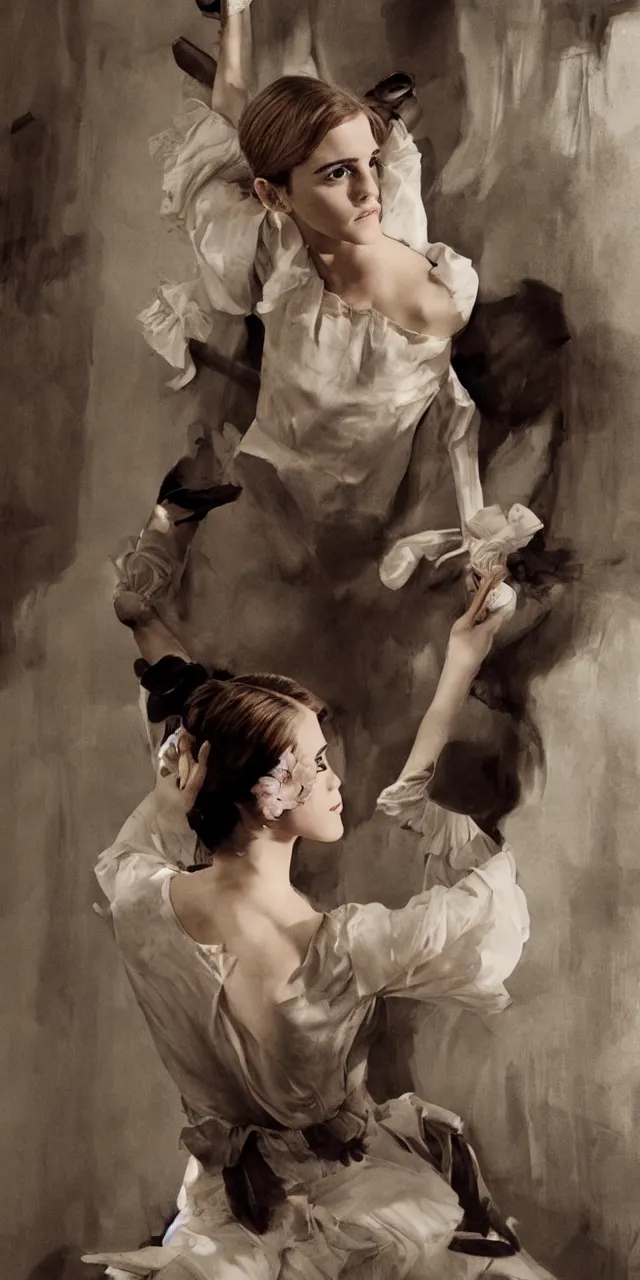 Prompt: portrait emma watson stretching southern belle greg rutkowski cecil beaton