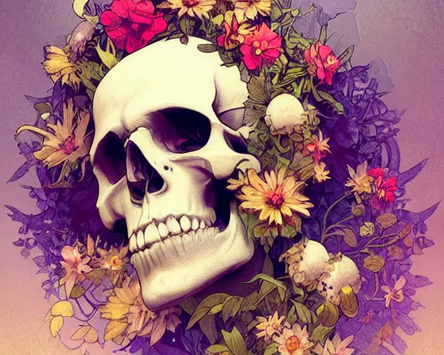 Prompt: a digital art of a skull with a beautiful assortment of colorful flowers growing out of the eye holes and nostril holes, art nouveau, artstation, cgsociety, art by artgerm and greg rutkowski and alphonse mucha