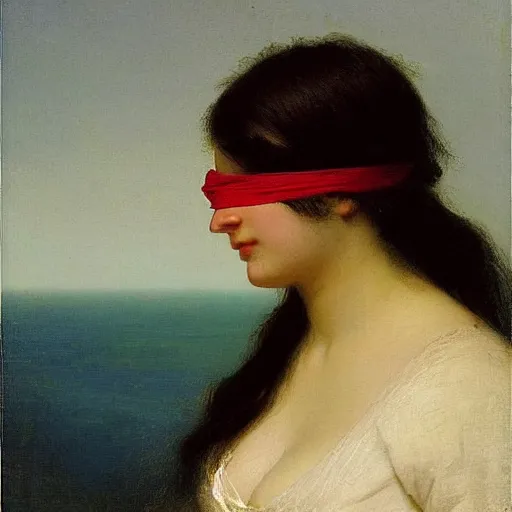 Prompt: a woman’s face, her eyes are covered with a flowing blue satin blindfold, by ivan aivazovsky and alma tadema and and willen claesz heda and aelbert cuyp