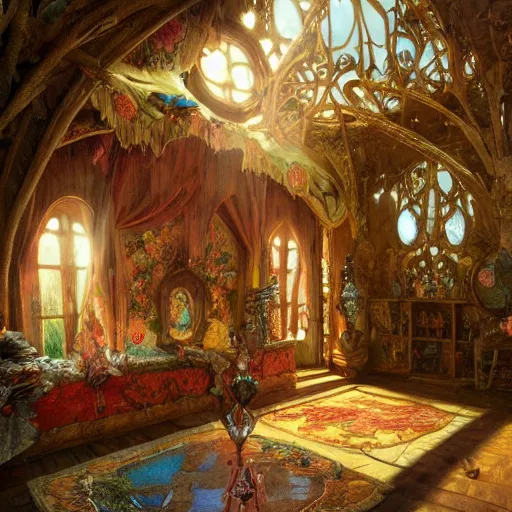 Image similar to a beautiful interior of a fairy castle, fully decorated, furnished with fairy furniture, fairy aesthetics, concept art, by greg rutkowski, alphonso mucha and elena dudina. high details, global illumination