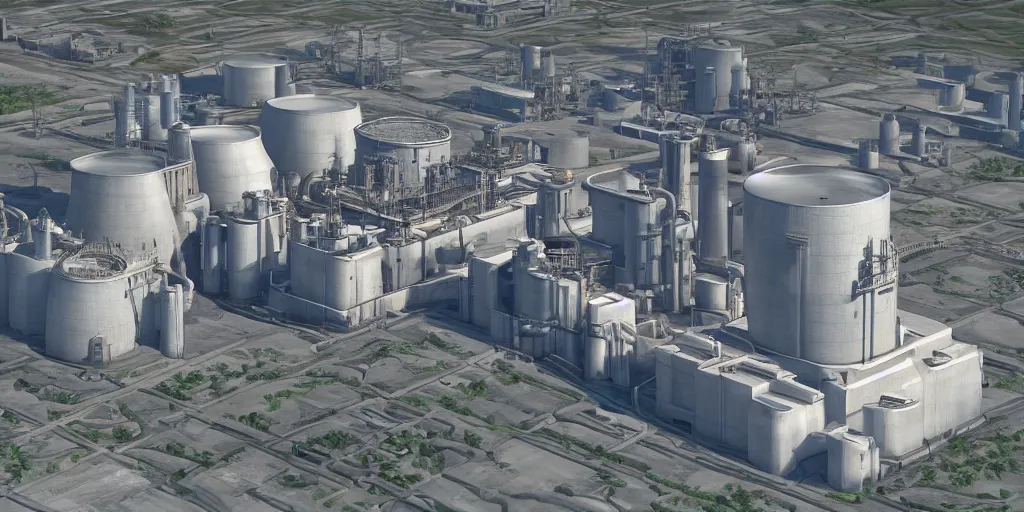 Image similar to aerial view of a stylized combined cycle powerplant, masterpiece, blizzard pixar maya engine global illumination lighting artstation in the style of frank lloyd wright