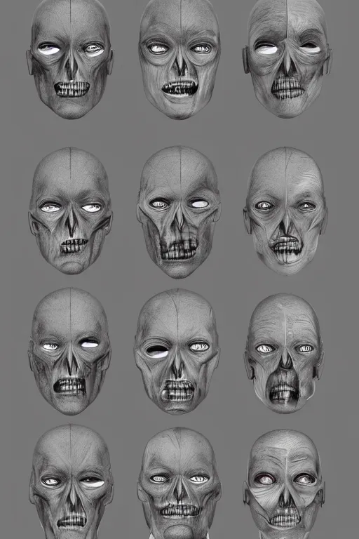 Image similar to latin facial anatomy with gunmetal grey skin, medical anatomy, very symmetrical face, highly detailed, three - perspective / three - view reference sheet ( front / back / side ), in the style of dan ouellette, steven jung, amanda lilleston, hr giger, sil from species, dren from splice, mecha, artstation, unreal engine