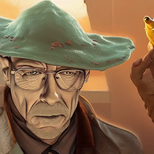 Image similar to a frog and walter white, intricate, highly detailed, digital painting, artstation, concept art, smooth, sharp focus, illustration, unreal engine 5, 8 k, art by artgerm and greg rutkowski and alphonse mucha