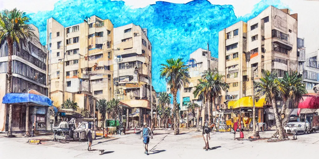 Image similar to street artists. painting of rounded bauhaus buildings in a junction in dizingof center in tel aviv. highly detailed. pen drawing painted with watercolors. colorful. low buildings. palm trees. super realistic. fluffy