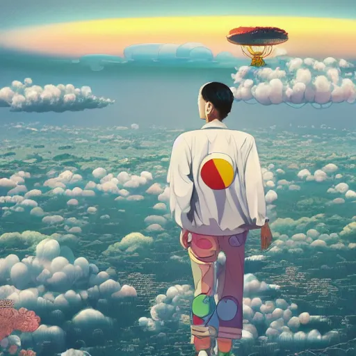 Image similar to a man walking on clouds above kyoto by takashi murakami, beeple and james jean, aya takano color style, 4 k, super detailed