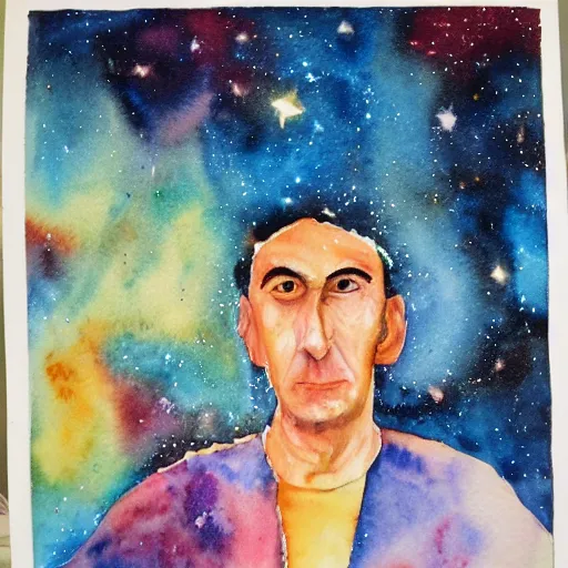 Prompt: Water color creator of universe self-portrait