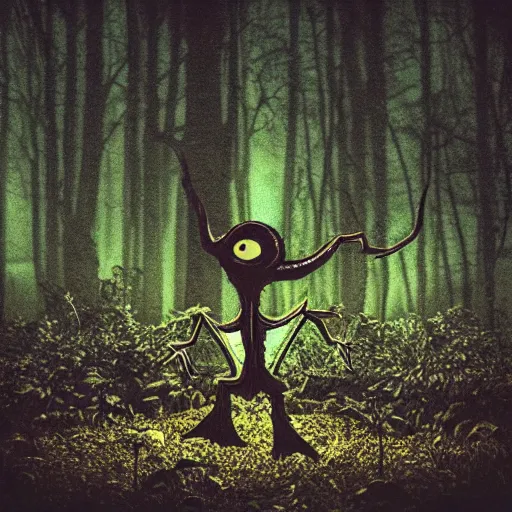 Image similar to horrifying eldritch creature hiding in the forest at night with vhs filter