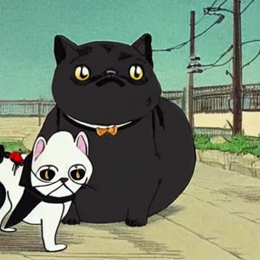 Prompt: a black cat wearing a white wedding dress and a pug dog in a tux, Miyazaki, studio ghibli