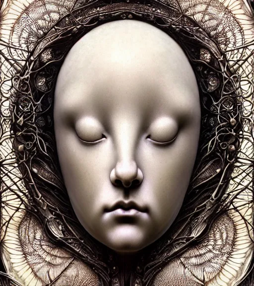 Image similar to detailed realistic beautiful porcelain moon goddess face portrait by jean delville, gustave dore, iris van herpen and marco mazzoni, art forms of nature by ernst haeckel, art nouveau, symbolist, visionary, gothic, neo - gothic, pre - raphaelite, fractal lace, intricate alien botanicals, ai biodiversity, surreality, hyperdetailed ultrasharp octane render