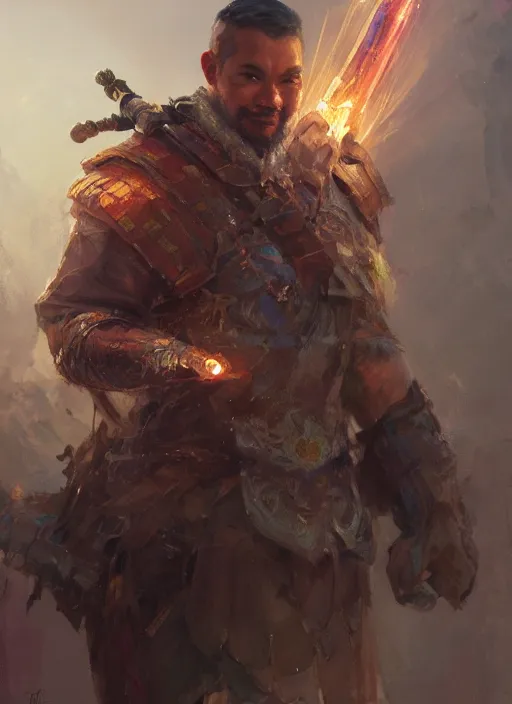 Image similar to portrait of a filipino man with a scepter sitting on a tank, d & d, heartstone, digital painting, volumetric light, intricate, sharp, focus, bloom, illustration, highly detailed, concept art, matte, ruan jia, randy vargas, greg rutkowski