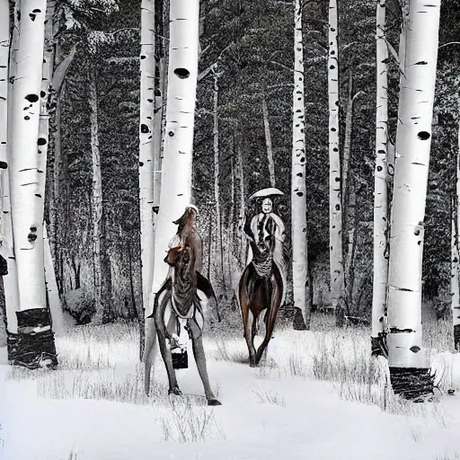 Prompt: digital art photograph savage plains indians on the warpath riding horses through some aspen trees in the snow