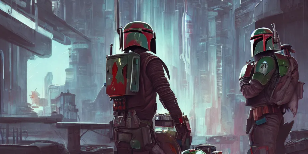 Prompt: boba fett sitting on the ground with a backpack, cyberpunk art by dan mumford, cgsociety, space art, reimagined by industrial light and magic, 2 d game art, sketchfab