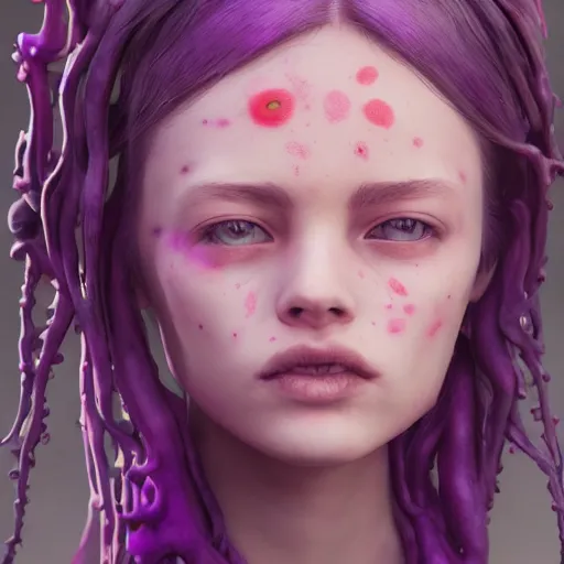 Prompt: artstation young teen with purple eyes and tiny and very thin tentacles on her head, in despair, very detailed, portrait, high contrast, unreal engine 5