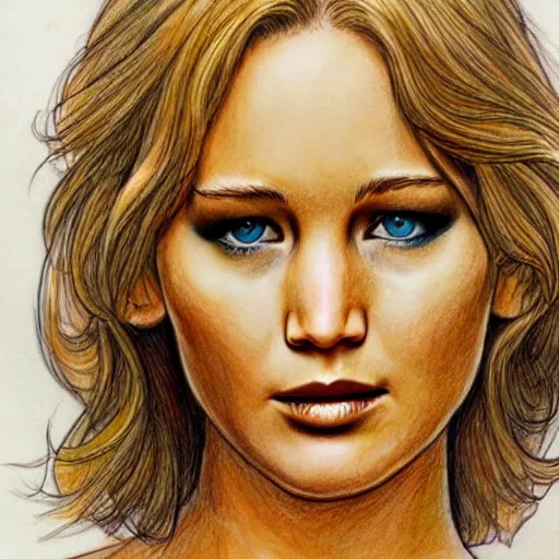 Prompt: Milo Manara drawing, woman with Jennifer Lawrence's face, detailed, 4k