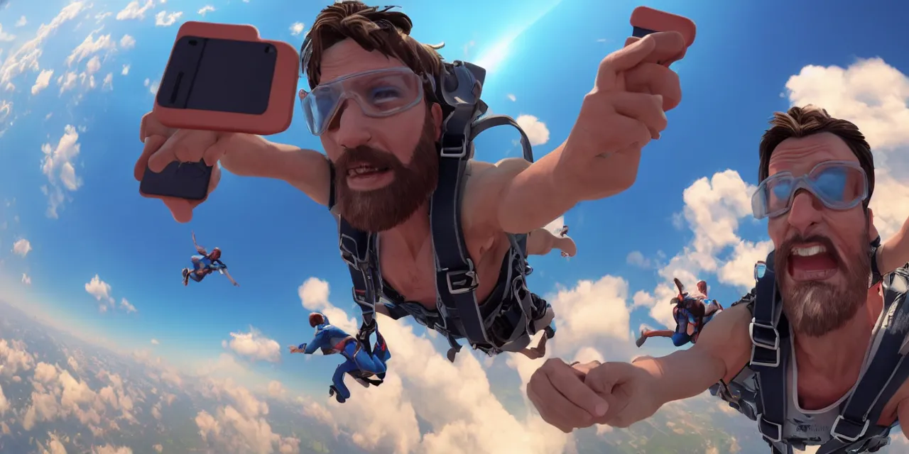 Image similar to Jesus taking a selfie while skydiving, pixar artstyle, hyperdetailed, artstation, accurate, octane render, 8k