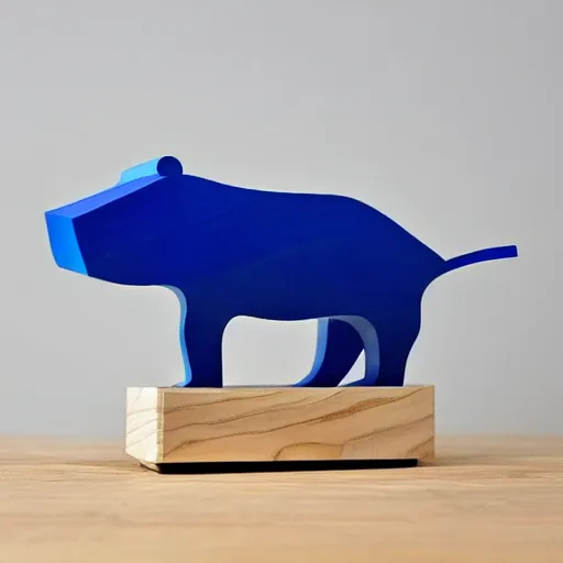 Image similar to a minimalist curvy shaped sculpture of hippopotamus!, ( ( wood ) ) and ( ( blue epoxy ) ) on top mix, cubic blocks stripes cuts, side view profile centered, studio, design, object, reddit