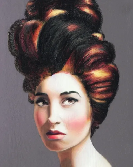 Image similar to a young woman with an extravagant hair style in the style of Erica Rose Levine