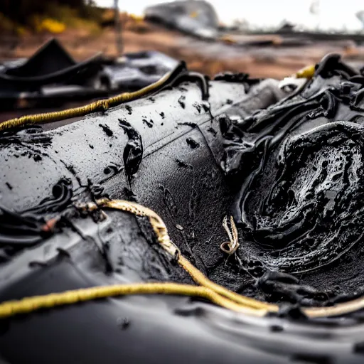 Image similar to mysterious black slime, black gooey liquid leaking out of crashed cargo ship, apocalyptic, ruined, 8 5 mm f / 1. 4