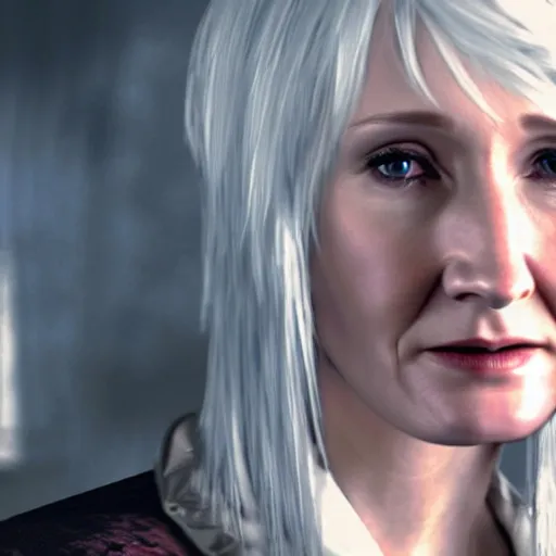 Image similar to JK Rowling as a character in Devil May Cry, film still, photorealistic, medium shot