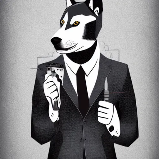 Prompt: a man with a husky's face wearing a suit and holding a gun, Digital art, intricate details, illustration