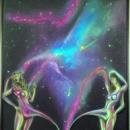 Image similar to cosmo link between two beings in love, iridescent glitter liquid metal, space, nebula, marble, dark black background, neon glow, by mohrbacher and dali -