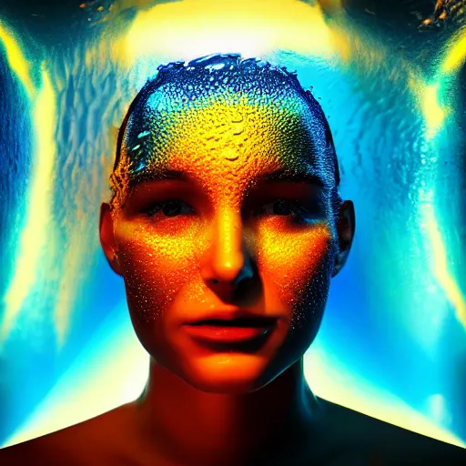 Image similar to water artwork manipulation in the shape of a human head, on the ocean water, futuristic, neon, magma, ray tracing, realistic water sharp focus, long shot, 8 k resolution, cinematic, surreal water art