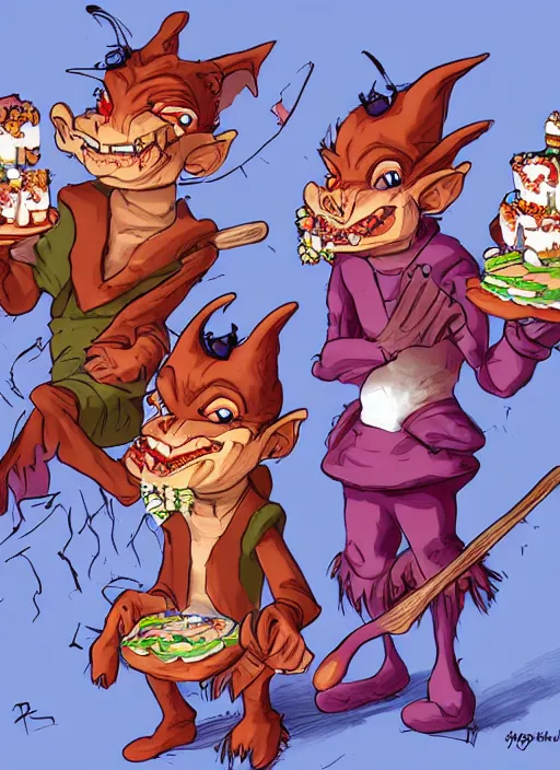 Prompt: fairy tale hobgoblins eating cakes. detailed digital art, trending on Artstation