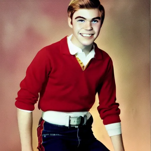 Prompt: a high school senior yearbook photo of Archie Andrews from 1966, in color