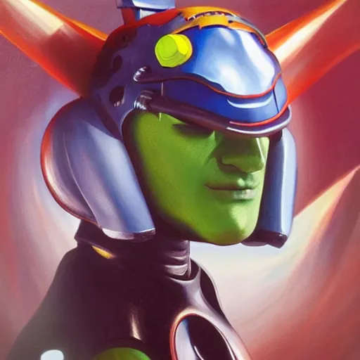 Image similar to a realistic painting by Raffaello Sanzi depicting the Kamen Rider Kabuto with the head of the cyborg Teletubbies in the Renaissance,smooth,Sharp focus, trending on Artstation.