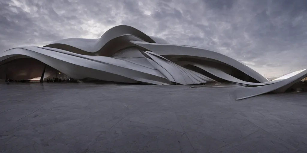 Image similar to extremely elegant smooth detailed stunning sophisticated beautiful elegant futuristic museum exterior by Zaha Hadid, smooth curvilinear design, stunning volumetric light, stainless steel, concrete, translucent material, beautiful sunset, tail lights