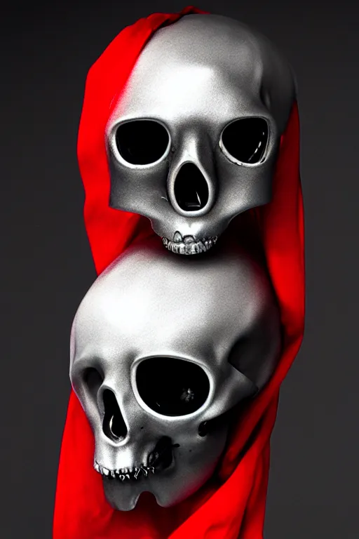 Prompt: chrome one eyed cyclop cracked skull statue layed on a red silk fabric, by hedi xandt and antonio corradini, macabre art, dark surrealism, epic and cinematic view, volummetric light, texturized, detailed, 8 k