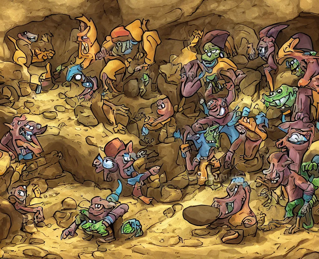 Prompt: cartoon goblin miners in an underground grotto, digging through rock and ore for hamburgers. highly detailed, digital painting