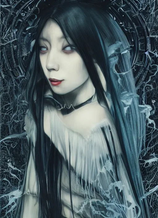 Image similar to breathtaking detailed art portrait painting of evil fantasy sorceress vampire, dark castle setting, with anxious, piercing eyes, amalgamation of spells, by Hsiao-Ron Cheng, James jean, Miho Hirano, Hayao Miyazaki, extremely moody lighting, Black paper, cut paper texture, Full of light-blue and silver and white layers, 8K, intricate detail, cgsociety, hyperrealistic, octane render, RPG portrait, ambient light, dynamic lighting