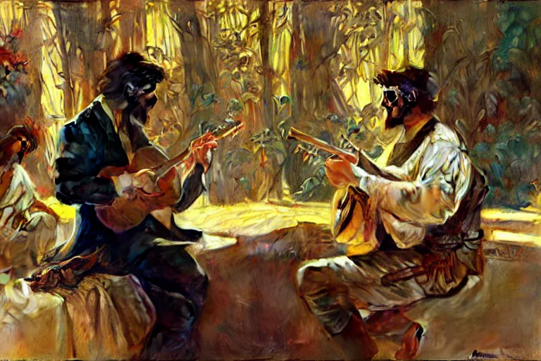 Image similar to 2 attractive men playing music, painting by gaston bussiere, craig mullins, greg rutkowski, alphonse mucha