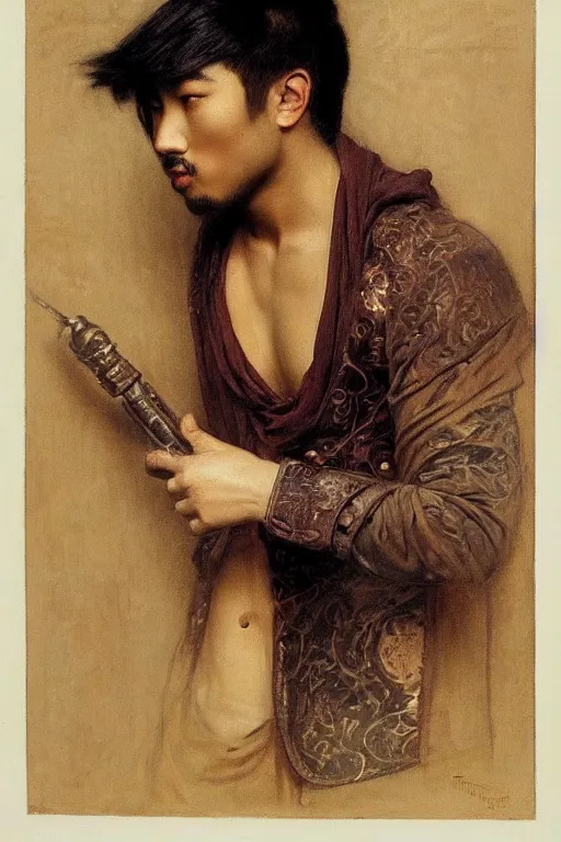 Image similar to attractive asian male, steampunk, cool tint, orientalist intricate portrait by john william waterhouse and edwin longsden long and theodore ralli and nasreddine dinet, hyper realism, dramatic lighting