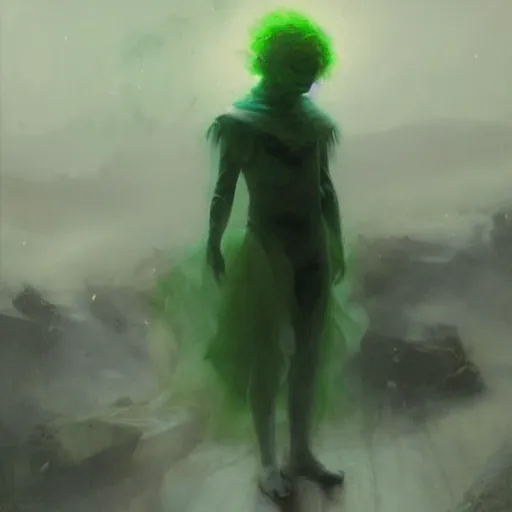 Image similar to a 14 year old teenage ghost boy with pale skin, white hair and glowing green eyes wearing a black spandex suit. White breath showing in the cold air. Masterpiece. Repin. Ruan Jia. By Greg Rutkowski