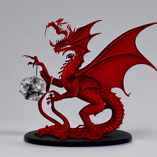 Image similar to a red dragon holding a red icosahedron die, white background