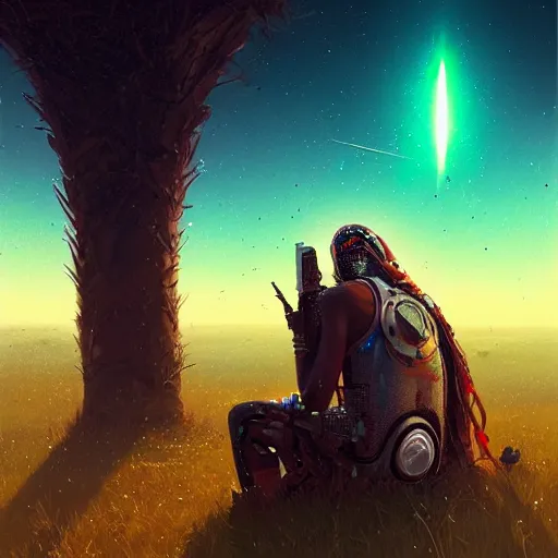 Image similar to a cyberpunk mursi elder sitting in a field watching a meteor shower with his droid in the foreground by greg rutkowski and android jones in a cyberpunk style, oil on canvas, 8k, afrofuturism