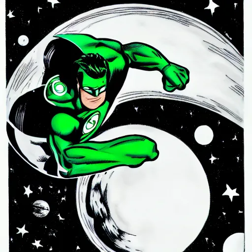 Image similar to comic Green Lantern in black and white uniform in space flying infront of the moon,