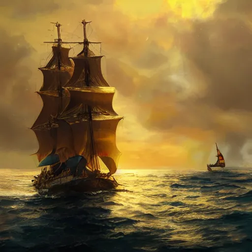Prompt: portrait of a ship on the sea with a medieval woman ship pilot from behind, dramatic golden sunset with storm clouds, wearing shiny breastplate, dynamic lighting, hyperrealistic, artstation
