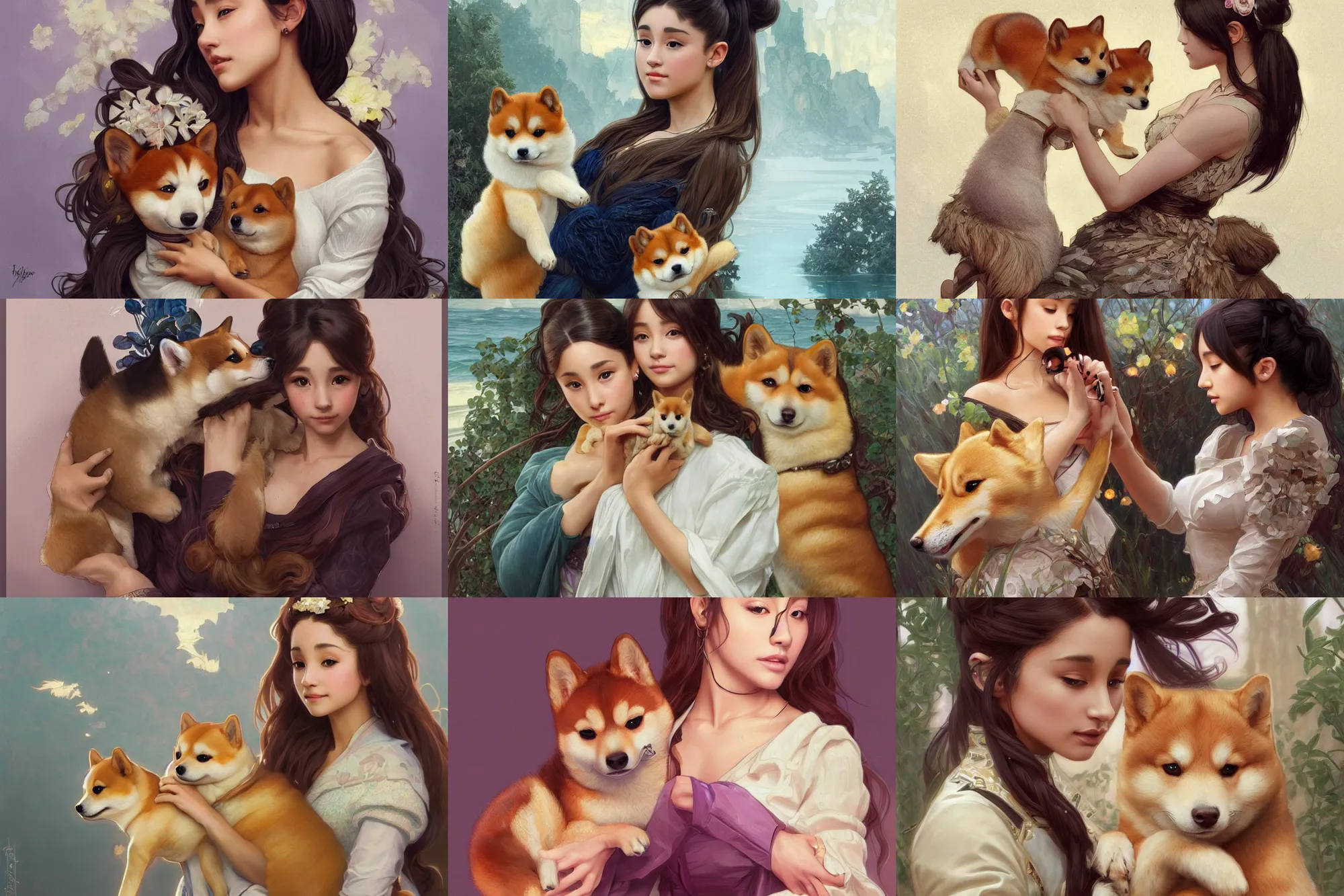 Prompt: beautiful cottagecore Ariana Grande holding a Shiba Inu dog, intricate, elegant, highly detailed, digital painting, artstation, concept art, smooth, sharp, focus, illustration, art by artgerm and greg rutkowski and alphonse mucha