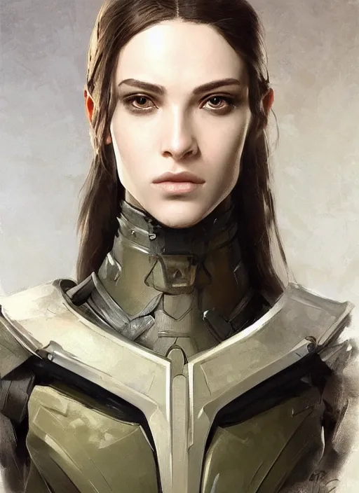 Image similar to a professional painting of a beautiful young female, clothed in military armor, olive skin, long dark hair, beautiful bone structure, symmetrical facial features, intricate, elegant, digital painting, concept art, smooth, sharp focus, illustration, from Metal Gear, by Ruan Jia and Mandy Jurgens and Artgerm and William-Adolphe Bouguerea