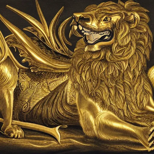 Prompt: portrait of a male lion and western winged gold dragon, dark, beautiful, highly detailed